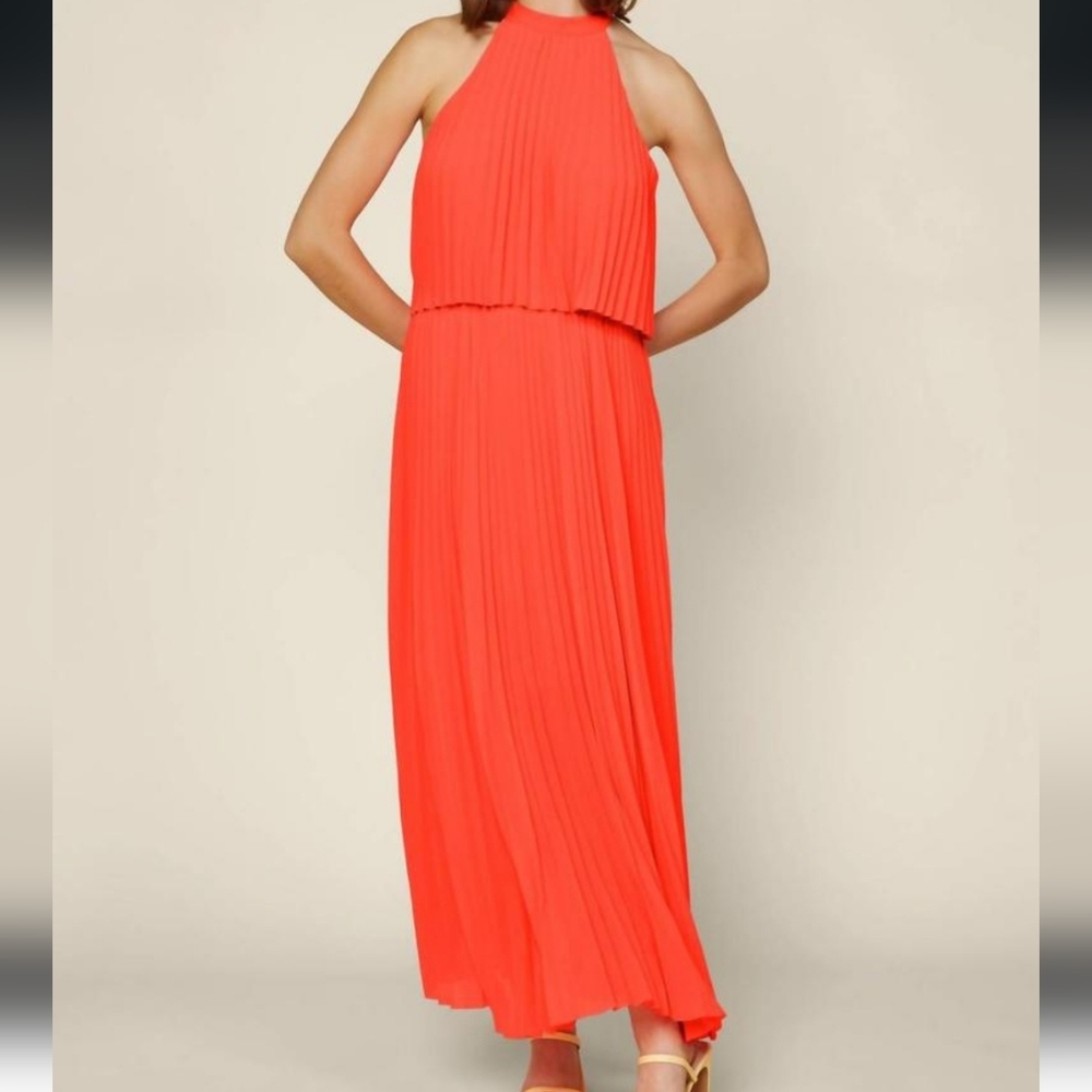 NWT Skies Are Blue Pleated Halter Neck Maxi Dress Neon Orange XS